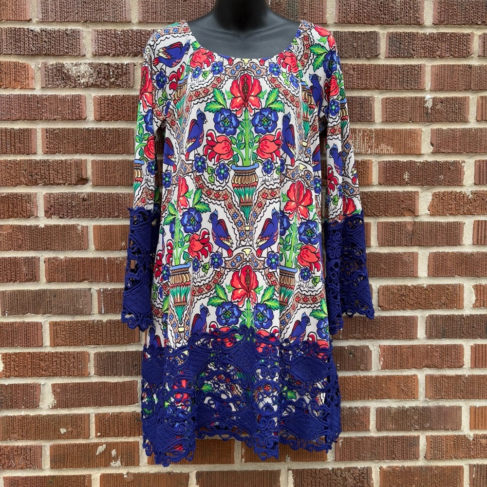 Judith March Midi Lined Dress Size L Bluebird Print With Crochet lace Fairy